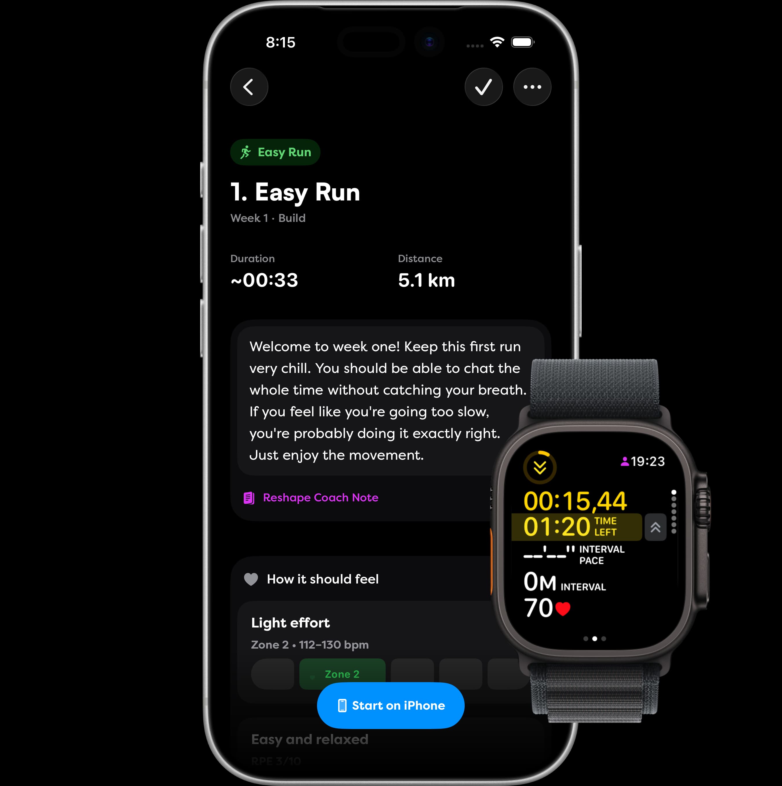 Reshape running plan on iPhone with Apple Watch displaying the same workout
