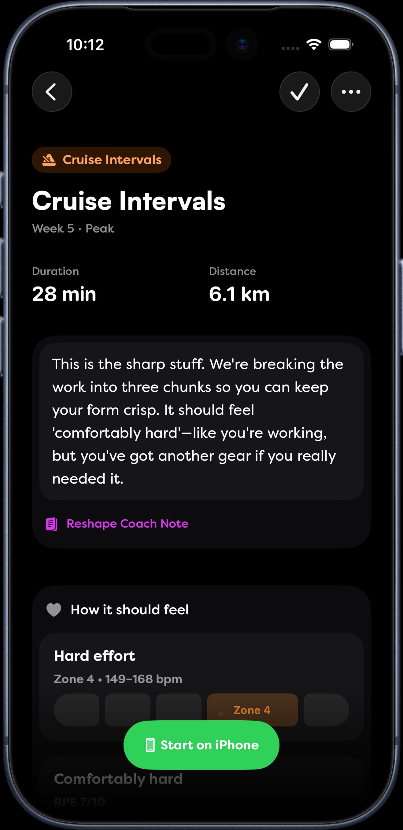 Workout detail with a Reshape coach note